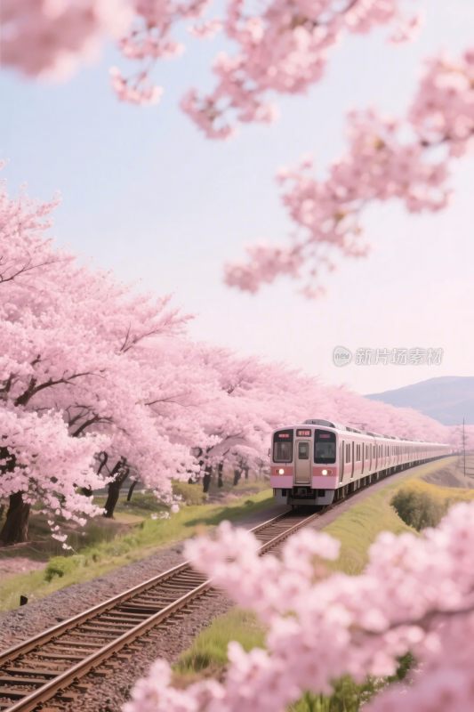 樱花铁轨列车风景