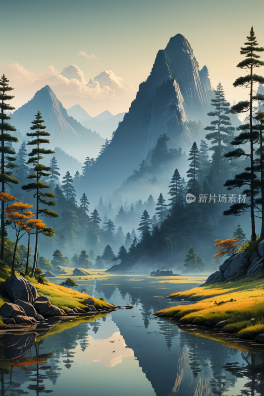 河流和树木的山景高清风景插画插图图片