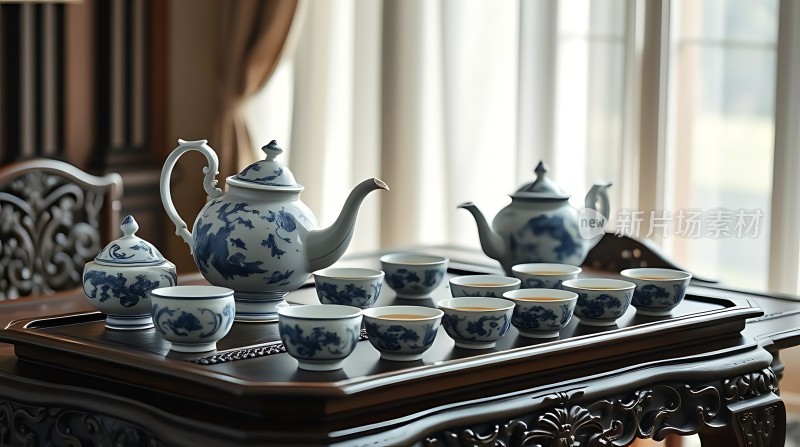 青花瓷茶具优雅展示