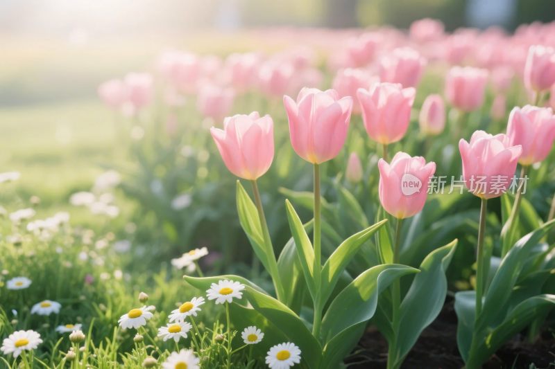 阳光下的粉色郁金香与雏菊