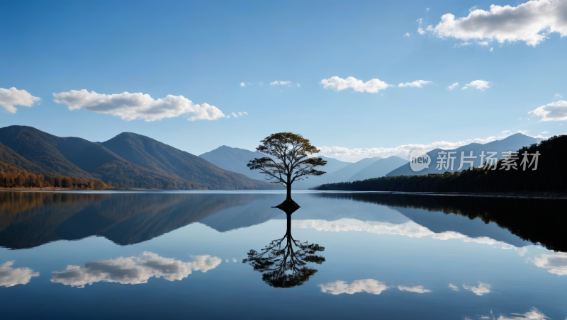 湖中央矗立着一棵孤树风景风光高清图片