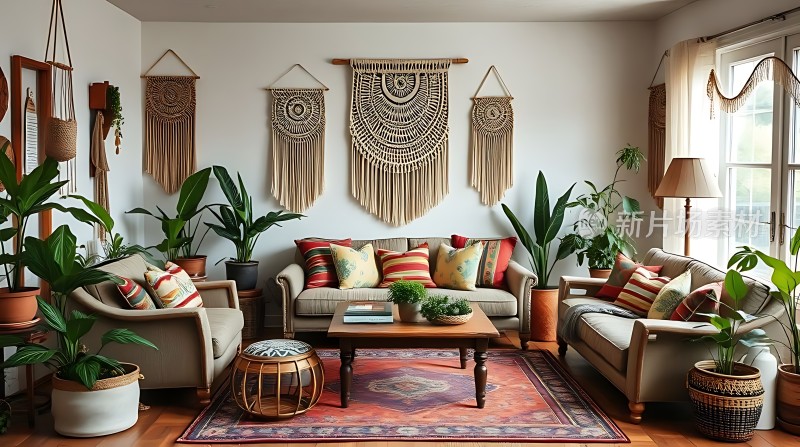 温馨客厅绿植环绕沙发舒适地毯华丽编织挂饰点缀