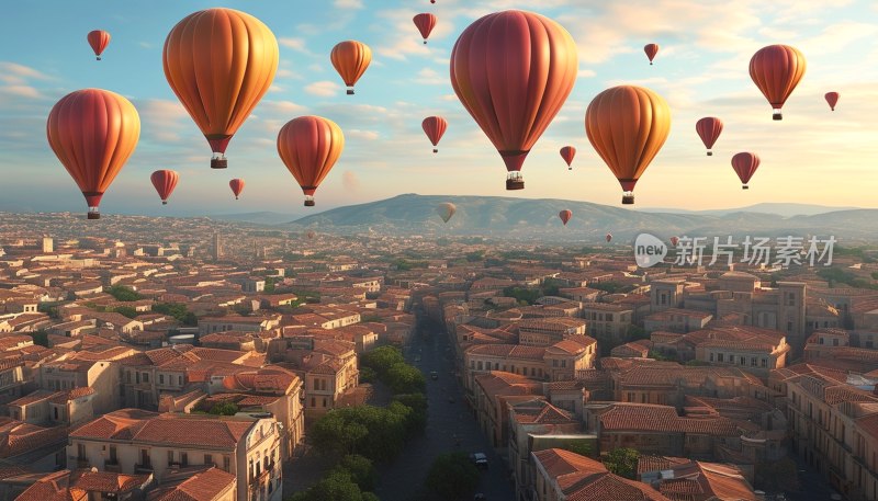 热气球飘浮城上