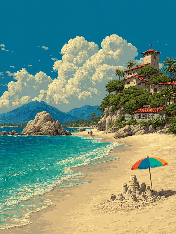 夏日海边沙滩插画风景