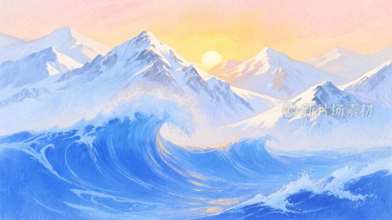 雪山与海浪的梦幻景象