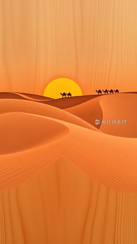 金色夕阳下的驼队穿越沙丘
