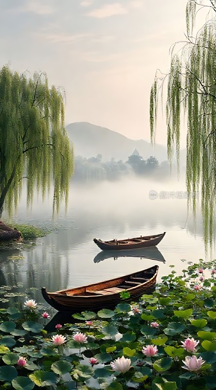 湖畔柳影轻拂荷花映日小船静卧水波上