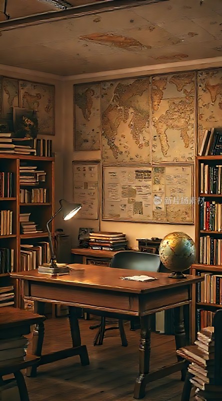 书桌上的地球仪和墙上的地图