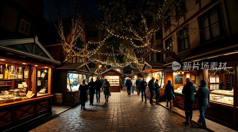 夜色下的温馨集市灯光闪烁人群熙攘