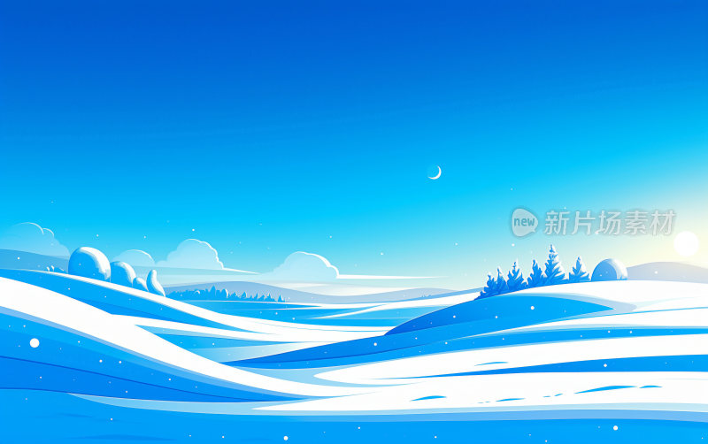 天空是明亮的蓝色，地面上覆盖着厚厚的积雪