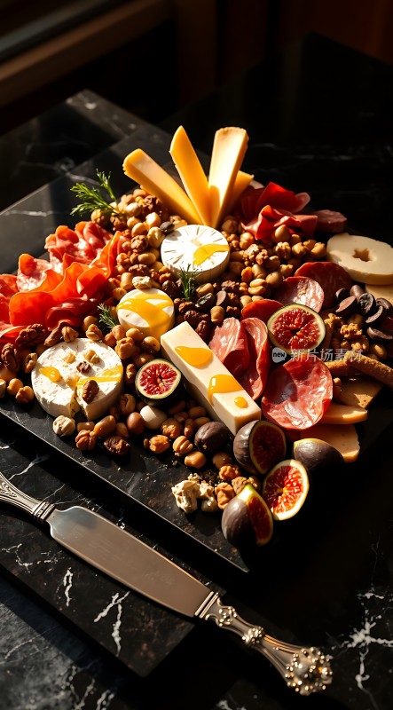 阳光下的美味拼盘奶酪、坚果与无花果