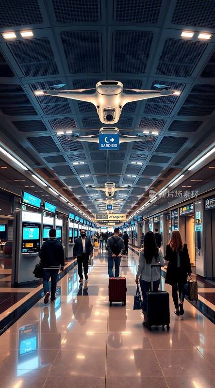 机场科技感十足旅客拖着行李箱前行