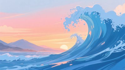 海边夕阳下的汹涌海浪