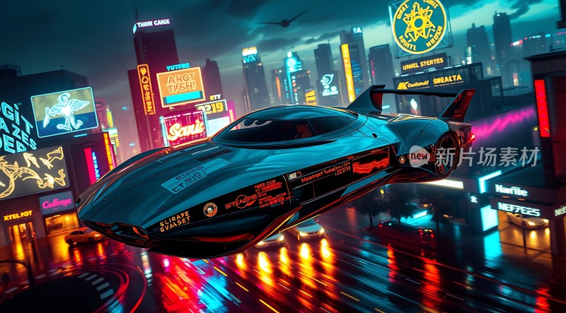 未来之城霓虹灯下的飞行汽车