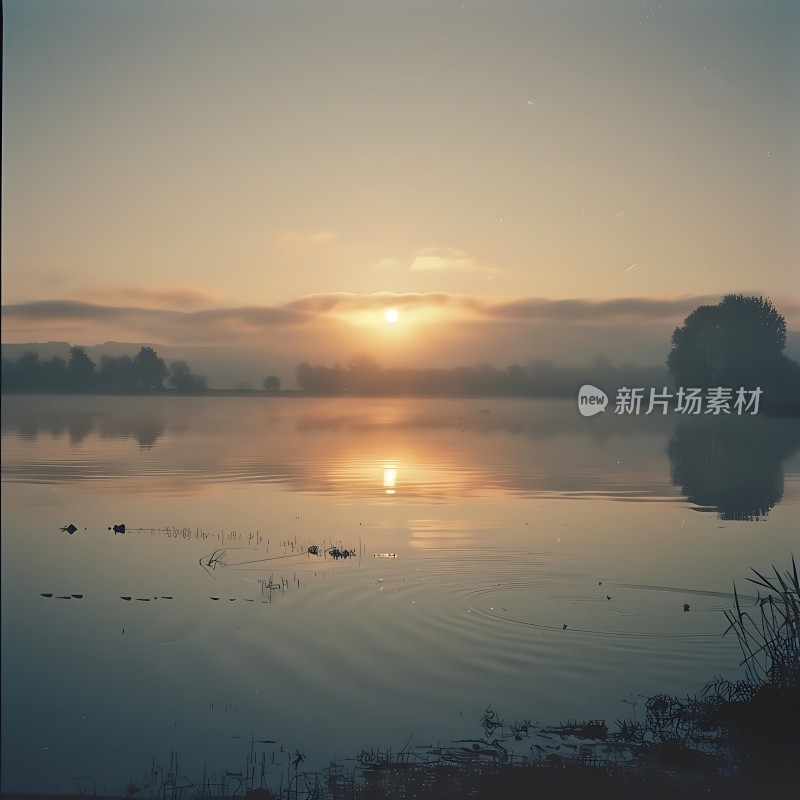 湖畔晨曦映水波