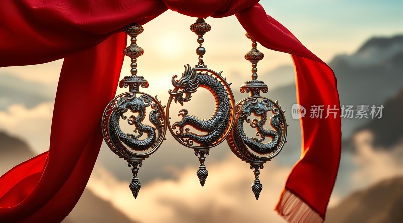 龙纹佩饰映红绸云雾山峦映衬下更显华贵