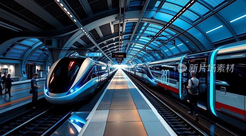未来科技感地铁站高速列车停靠乘客等待上车