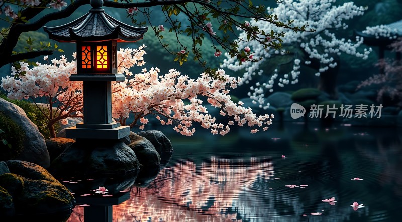 春夜灯笼映花影