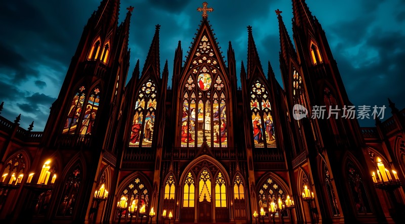 夜幕下的哥特式教堂彩色玻璃窗与十字架交相辉映