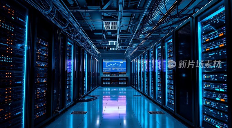 科技感数据中心服务器集群蓝色灯光下的数据风暴