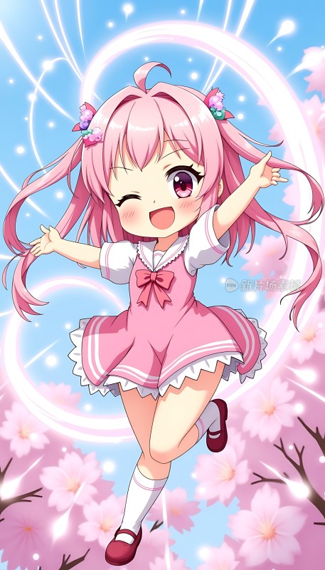 粉发少女在樱花树下欢快起舞