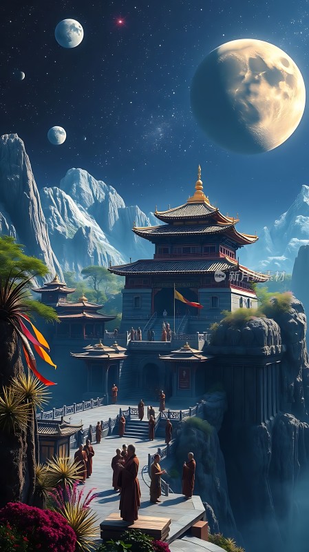 仙山古寺夜月图