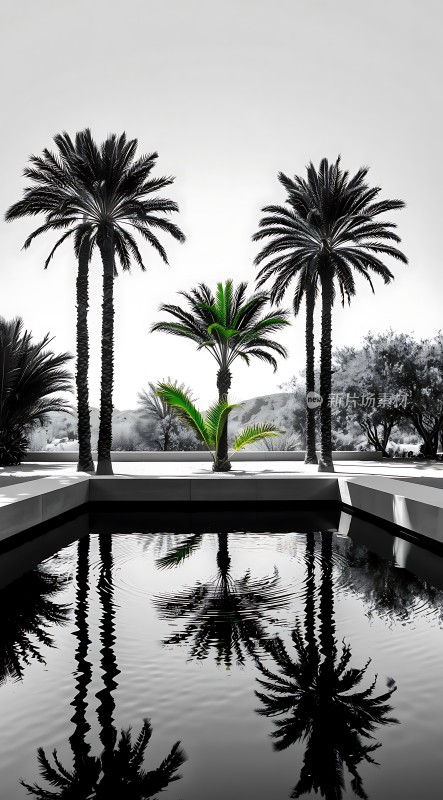 椰林倒影映碧波