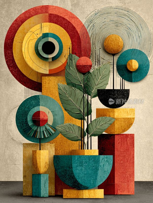 多彩几何造型与绿植组合摆件