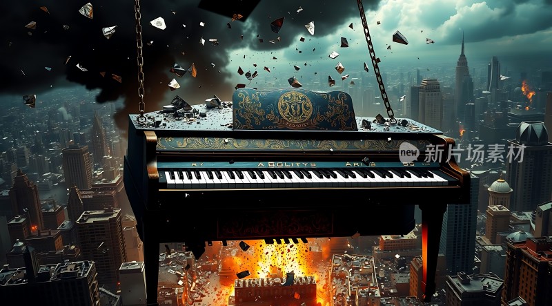 钢琴悬空城市废墟末日景象