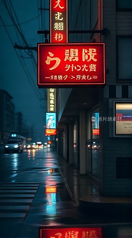 霓虹灯下的雨夜街头