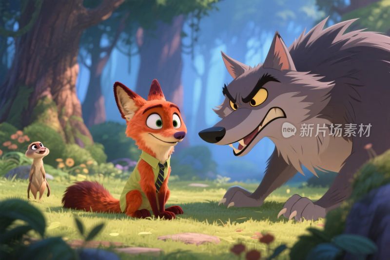 森林中狐狸与狼互动