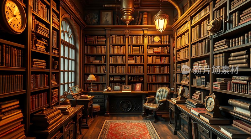 古色古香书房书架、桌椅、地毯和时钟营造温馨氛围