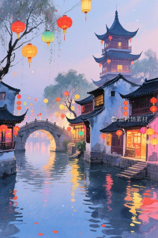 古风江南水乡夜景插画