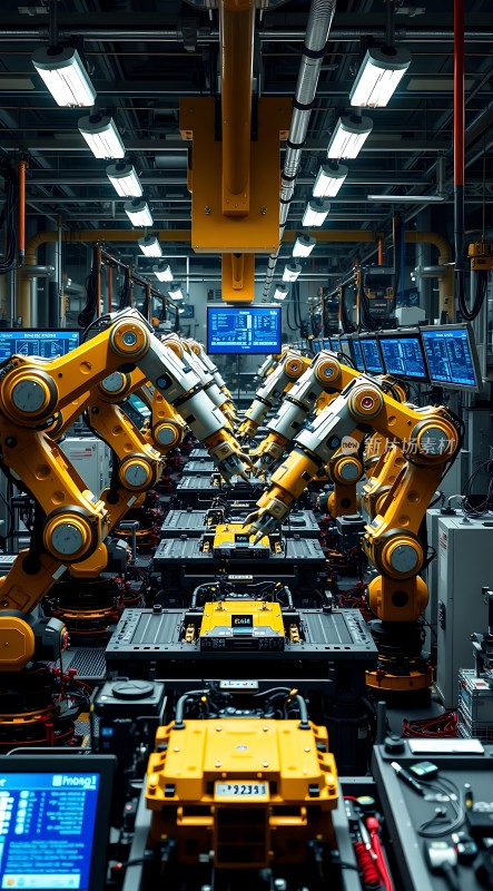 工业自动化生产线上的黄色机器人协同工作