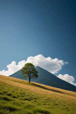 田野里一棵孤树一座高山清风景图片