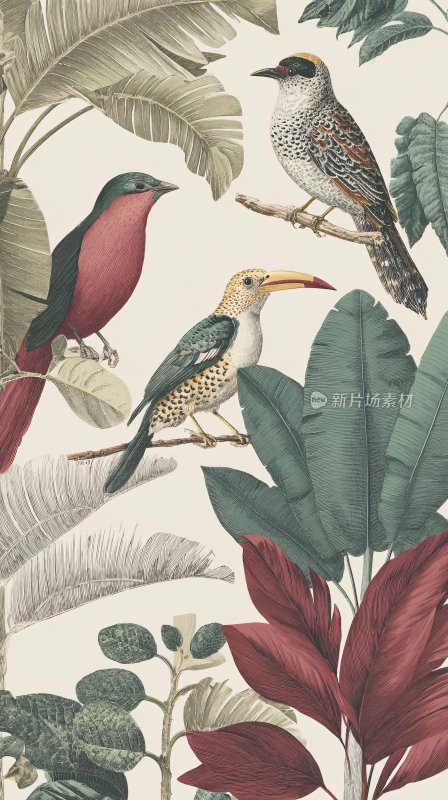 热带鸟类与植物插画图案