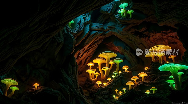 神秘洞穴中的荧光蘑菇