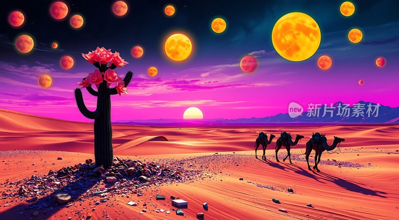 沙漠奇观仙人掌与骆驼共舞