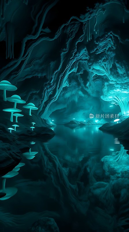 神秘洞穴中的荧光蘑菇