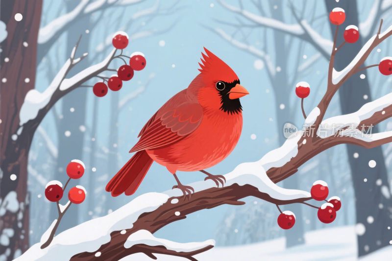 冬季雪地红雀插画