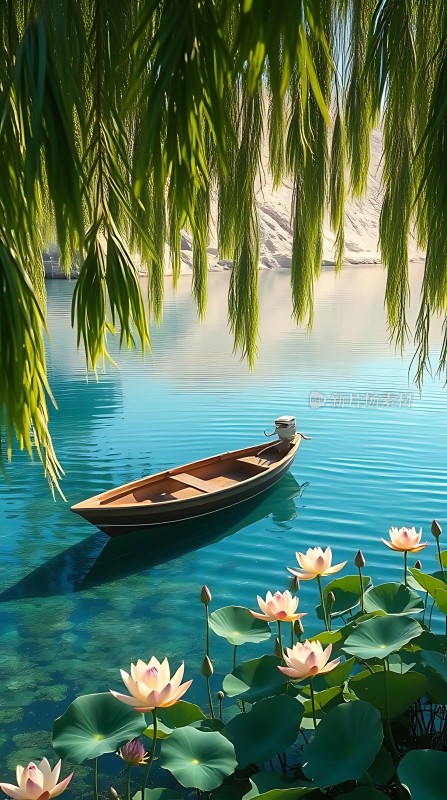 湖畔轻舟映碧波荷花垂柳共舞风