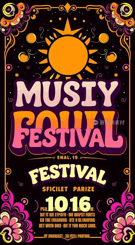 音乐狂欢节阳光、花朵与多彩文字