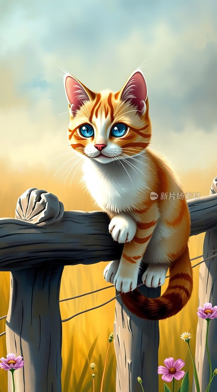 阳光下的橘猫与木栅栏