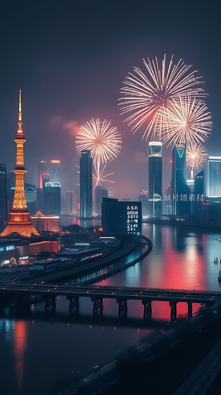 烟花绽放夜上海黄浦江畔璀璨夜景