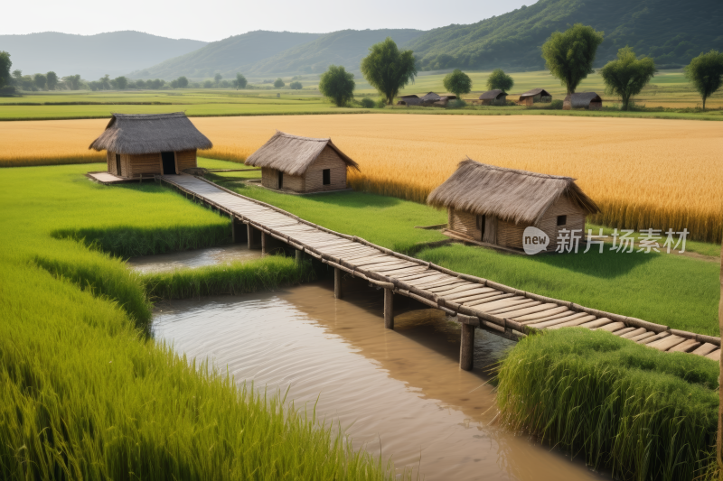 河边靠近田野的地方有两间小屋风景风光图片