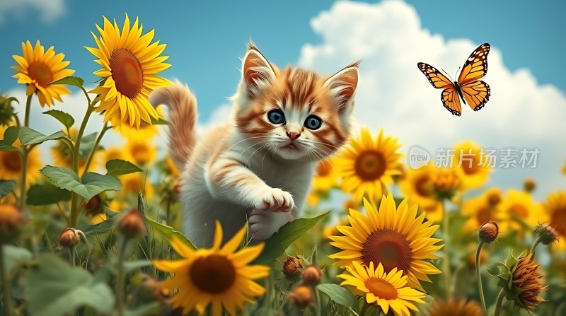 阳光下的橘猫与向日葵