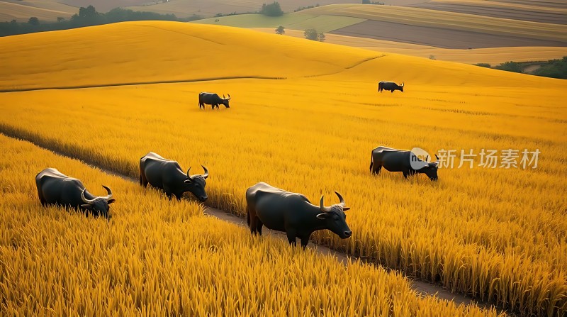 金色麦田中的牛群