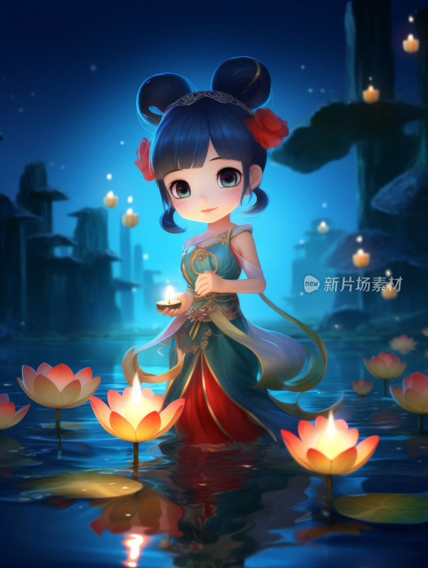 莲灯祈愿少女卡通