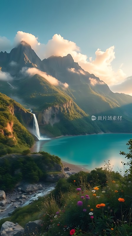 碧波荡漾群山环绕瀑布飞流直下花海烂漫