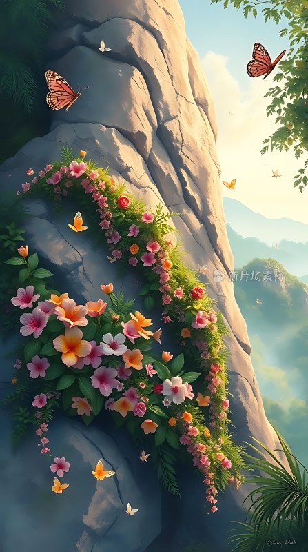 山崖花语蝶舞翩跹